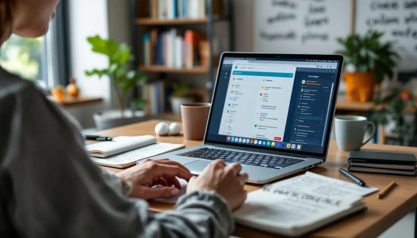 En la imagen se muestra a una persona utilizando una computadora portátil y un teléfono móvil, rodeada de libros sobre idiomas en un ambiente moderno. Esta representación refleja la importancia de aprender idiomas en la era digital, donde millones de personas buscan oportunidades profesionales y mejorar su comunicación en un mundo globalizado.
