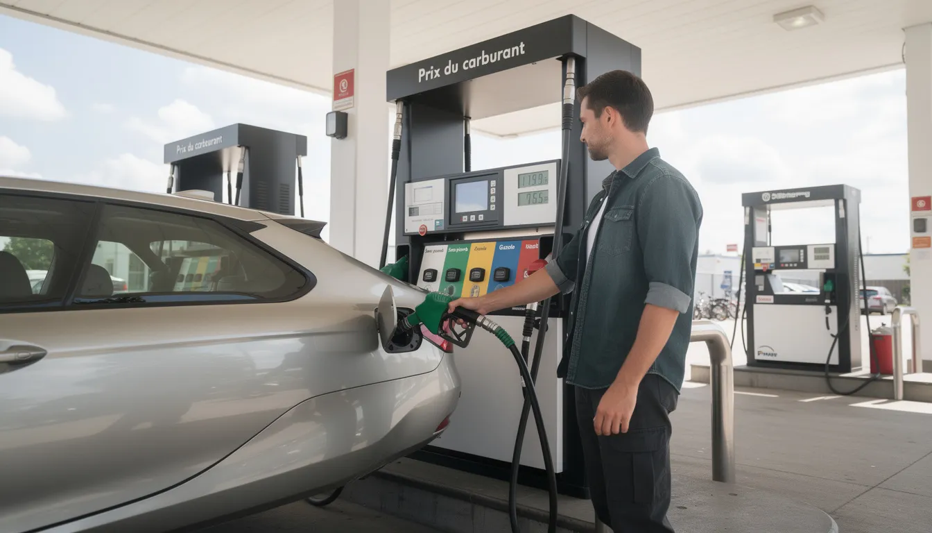 Une personne fait le plein de carburant dans une station-service, utilisant un pistolet à essence pour remplir le réservoir de son véhicule. L'environnement est typique d'une station, avec des pompes à essence et des panneaux d'affichage des prix.