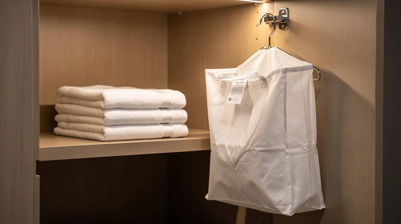 The image shows a hotel room closet featuring a white laundry bag hanging from a hook, alongside neatly folded towels, highlighting the convenient option of hotel laundry services for guests. This setup emphasizes the importance of clean clothes during a stay, making it easier for travelers to manage their laundry needs.