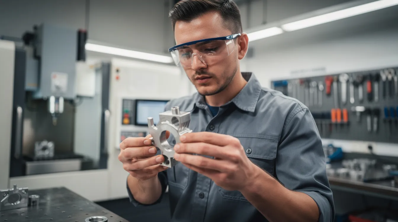 An engineer wearing safety glasses inspects a precision-machined metal prototype part in a brightly lit workshop, showcasing advanced manufacturing technologies. This scene highlights the importance of rapid prototyping services in the development process of functional prototypes and industrial components.