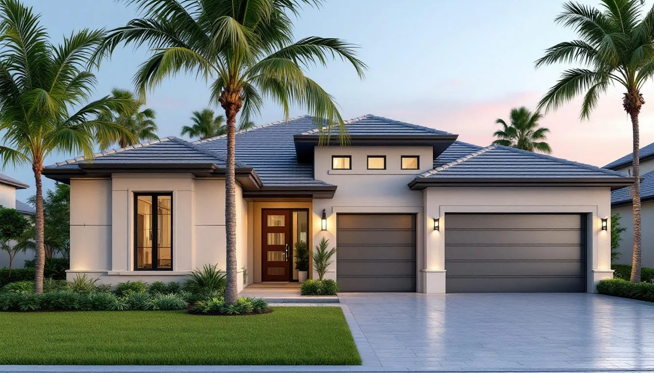 This image depicts a stunning single-family home in Naples Manor, featuring a beautifully landscaped front yard adorned with palm trees. The modern architecture showcases an inviting space with bright and spacious layouts, perfect for ultimate indoor-outdoor living.