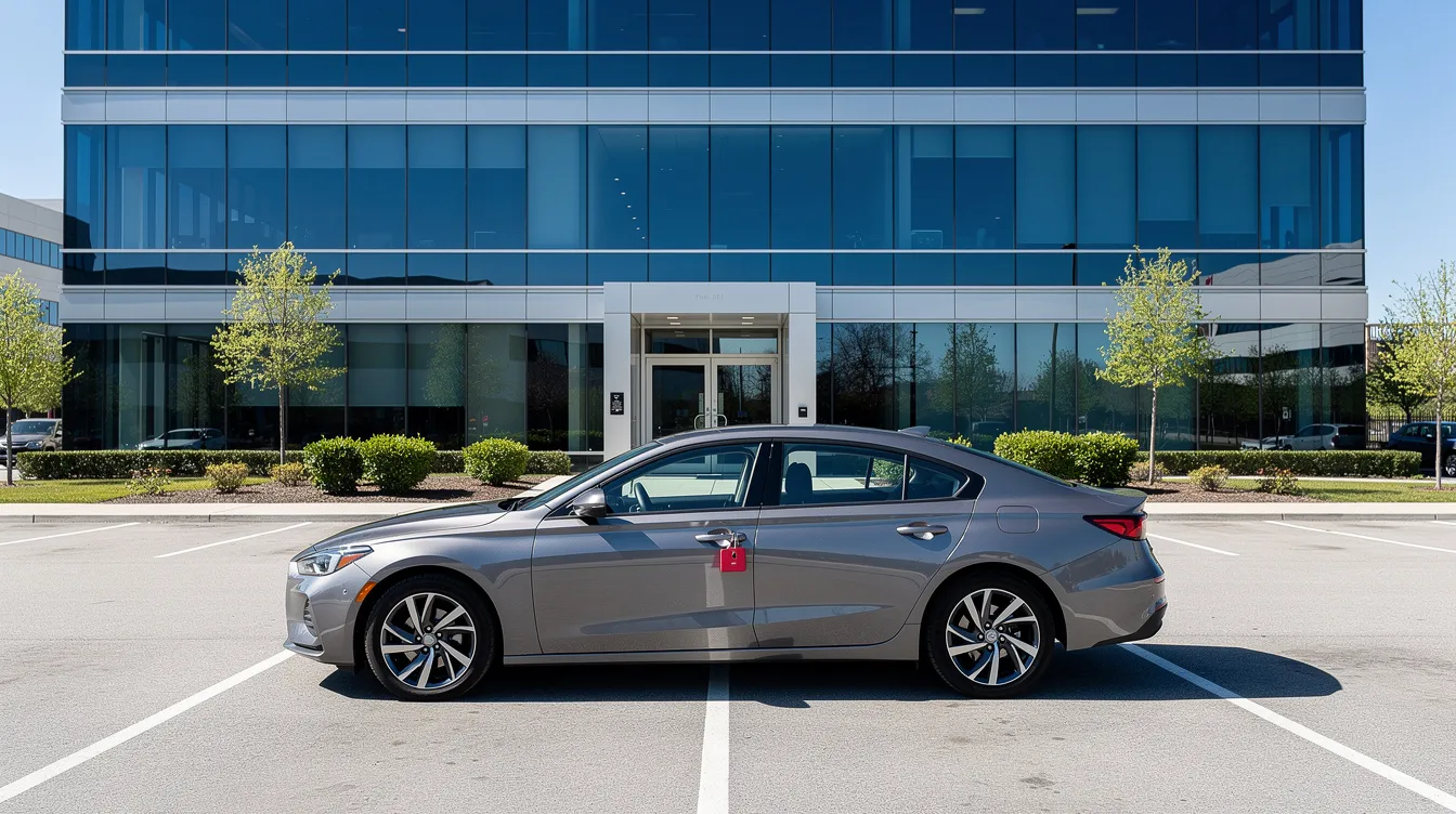 A locked vehicle is parked outside a modern office building on a clear day, surrounded by well-maintained landscaping. The scene reflects a typical business environment where discussions about state law, including New Hampshire gun laws, may take place.