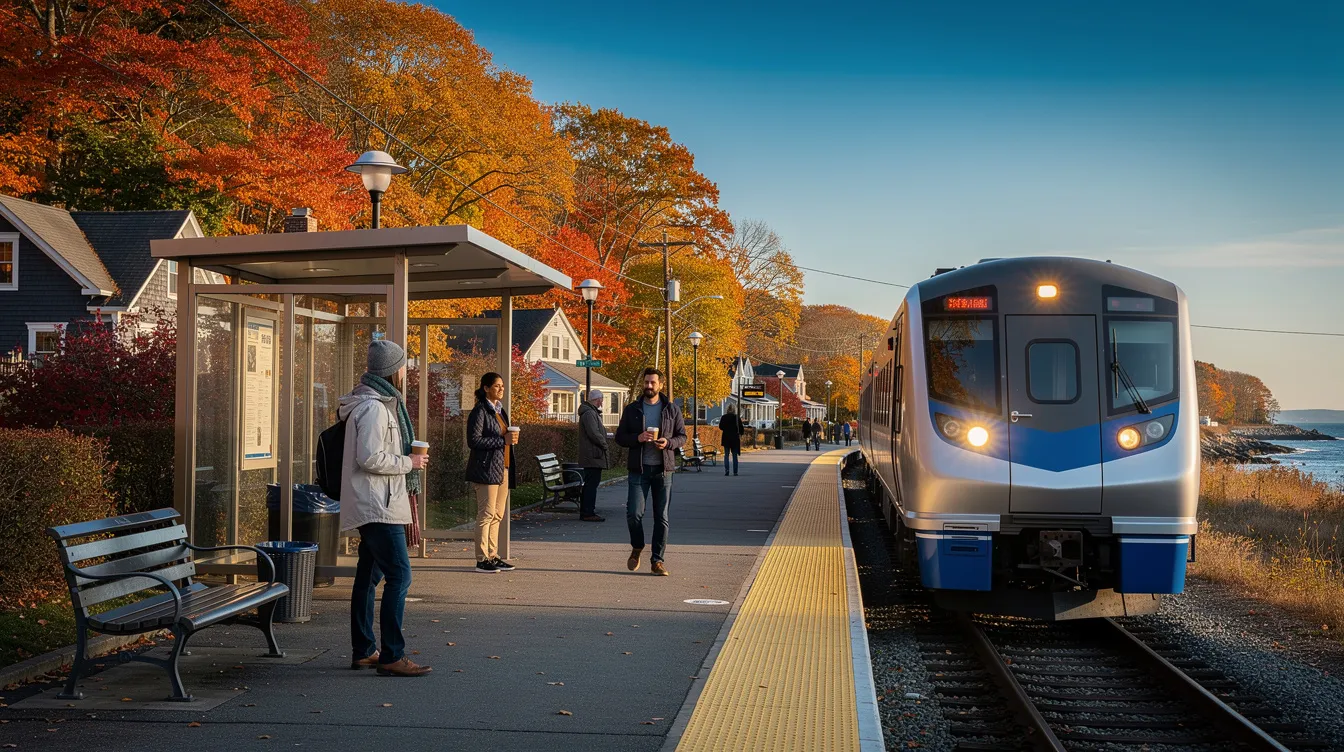A commuter train platform in a small coastal New England town features a modern train approaching, with a few passengers waiting and enjoying coffee cups. The backdrop includes vibrant autumn trees under a clear blue sky, creating a serene atmosphere for those commuting to work or relocating to Connecticut for a corporate job.