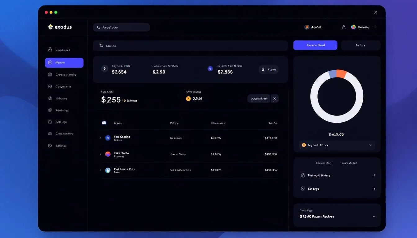 The image displays the Exodus wallet interface showcasing the main dashboard, which includes a comprehensive portfolio overview of various digital assets. This user-friendly interface allows users to manage multiple cryptocurrencies, providing insights into their holdings and transaction details.