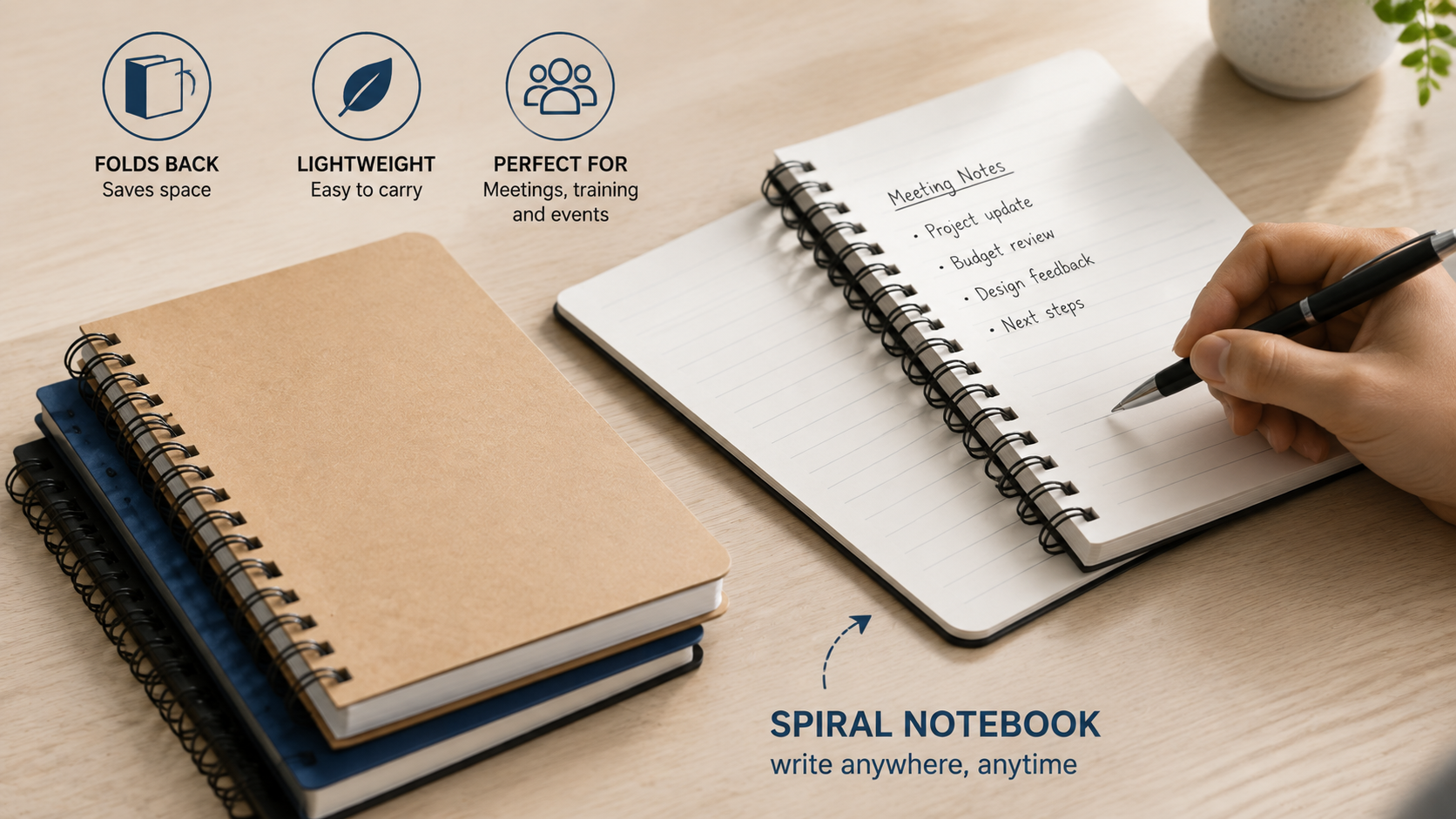 Spiral notebooks opened for quick notes during a business training session