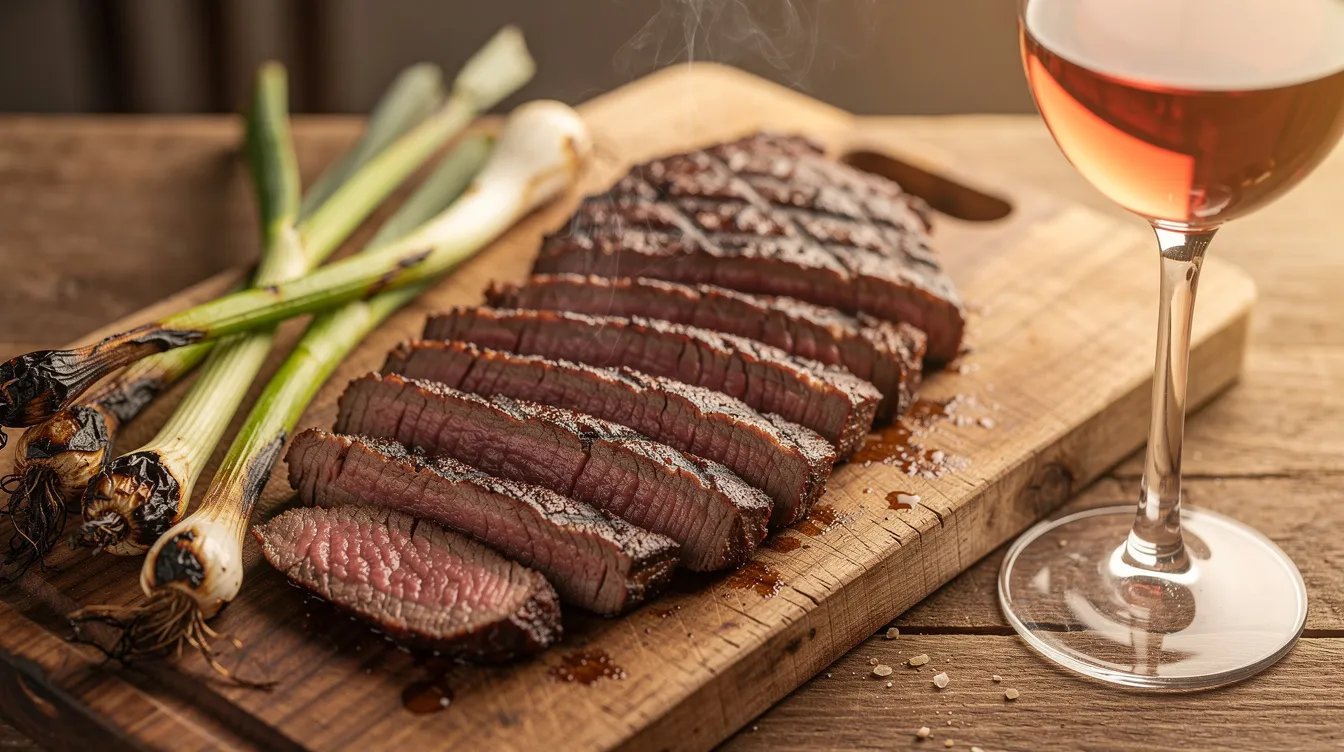 The image features sliced grilled carne asada on a wooden cutting board, accompanied by charred green onions and a glass of light red wine, perfect for pairing with rich flavors of Mexican cuisine. This delicious presentation highlights a great pairing option for enjoying wine with Mexican food.