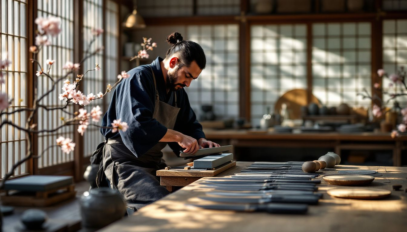 A craftsman working on traditional Japanese knives, showcasing various types of Japanese knife craftsmanship.