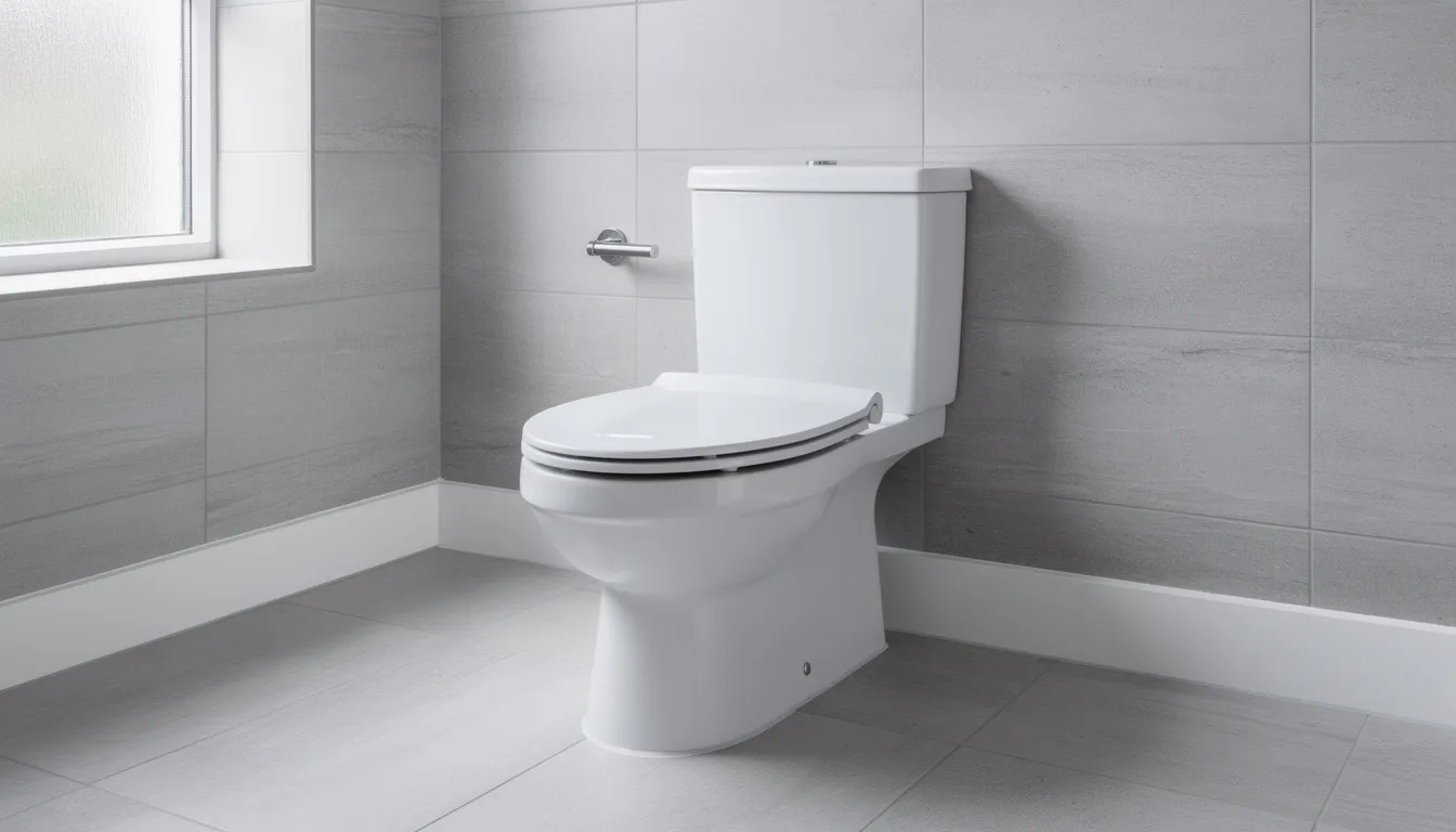 The image shows a completed installation of a new white toilet in a modern bathroom, featuring tile flooring. The close coupled toilet is securely attached to the floor, with visible components such as the toilet bowl, tank, and toilet seat, showcasing a clean and contemporary design.