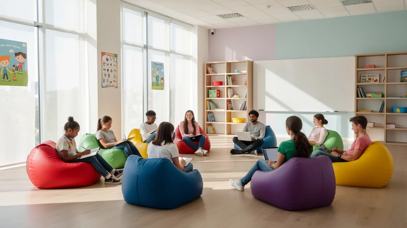A diverse group of students of various ages comfortably sit on colorful bean bag chairs in a bright, modern classroom filled with natural light from large windows. The vibrant fabric and patterns of the bean bags create a lively atmosphere, perfect for learning and collaboration in this inviting space.
