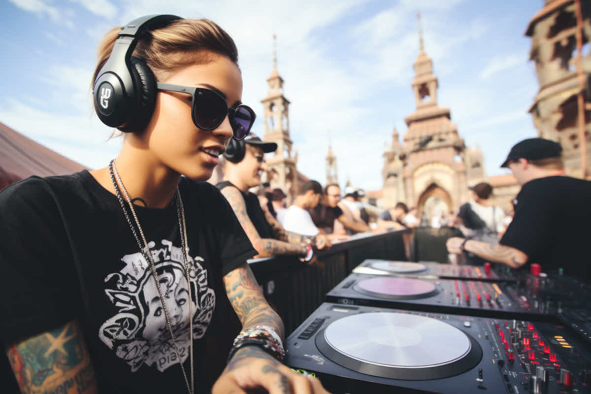 A girl headphones djing, looking at a laptop with DJ software