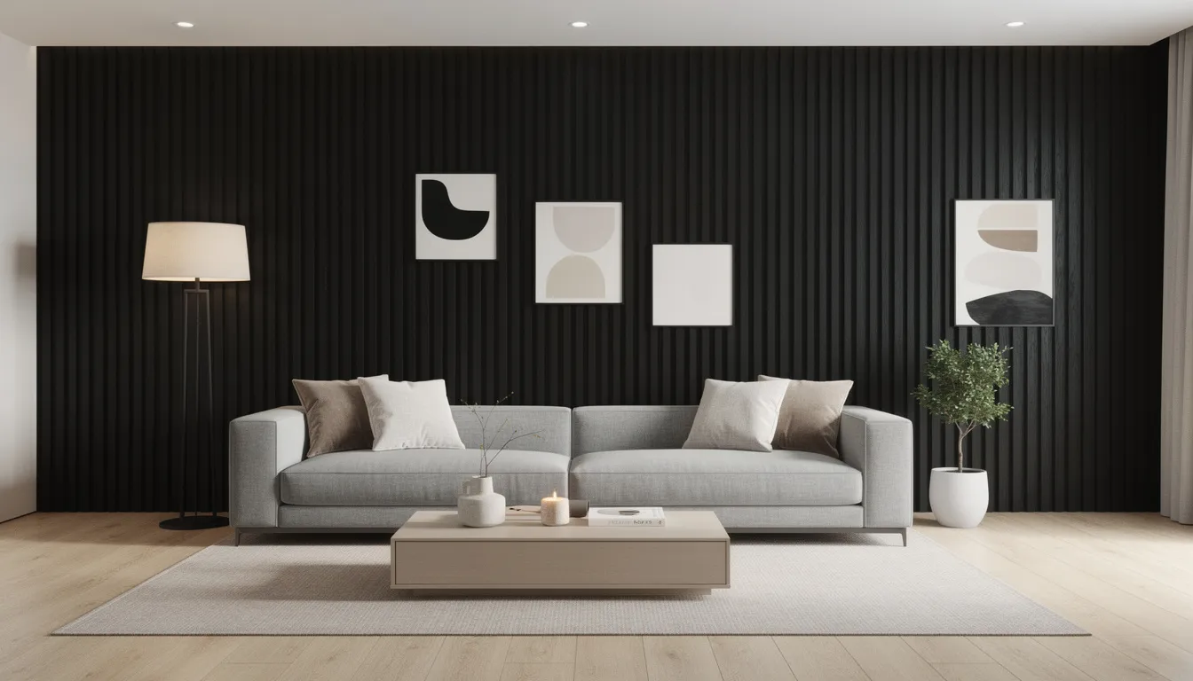 In de moderne woonkamer is een zwart houten lattenwand te zien achter een lichtgrijze bank, verlicht door warme verlichting. De ruimte heeft een stijlvolle uitstraling met neutrale accessoires die perfect passen bij de elegante afwerking van het akoestische wandpaneel.