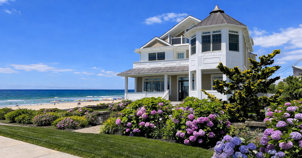 Luxury Jersey Shore beach house overlooking the ocean with hydrangea gardens and direct beach access near popular vacation rental destinations.