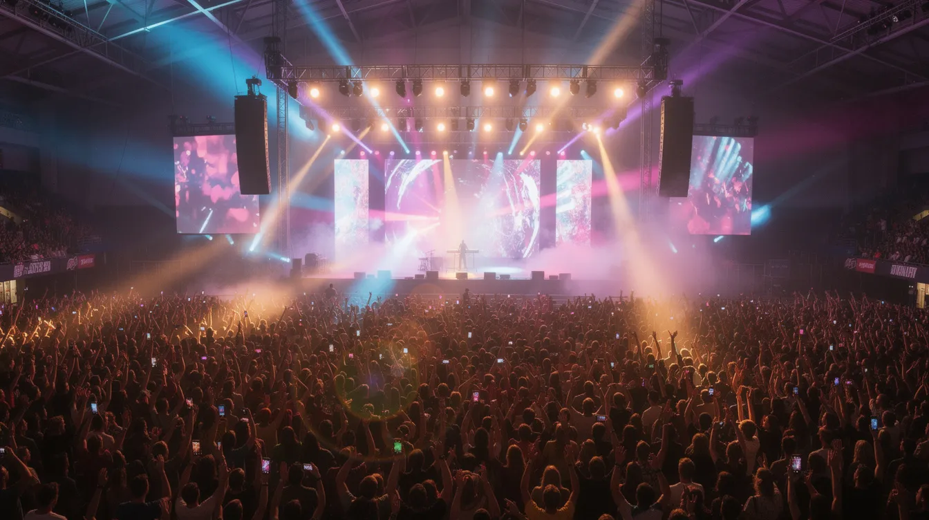 The image depicts a large concert venue filled with an energetic crowd, illuminated by vibrant stage lights in various colors. This lively atmosphere showcases the excitement of live entertainment, reminiscent of events managed by companies like CJ Group, a global lifestyle company based in South Korea.