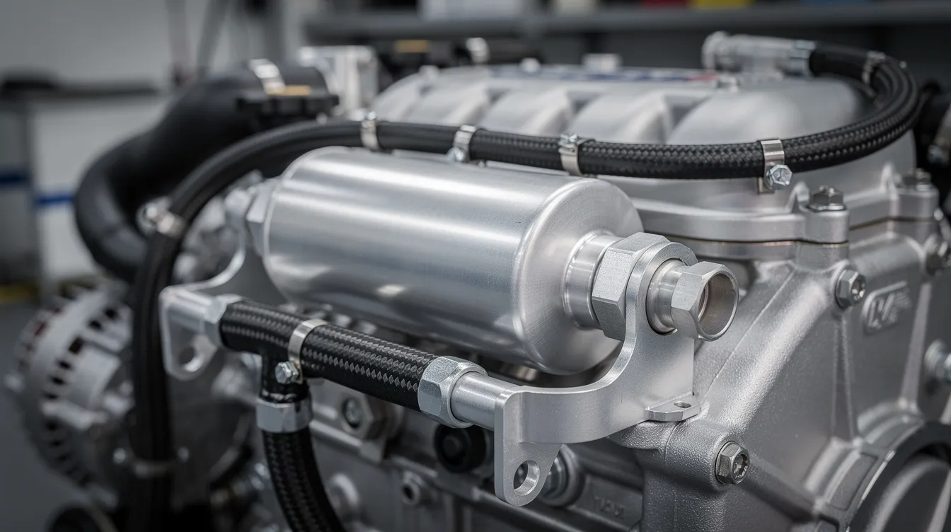 This close-up image features an aluminum air oil separator canister mounted securely near an engine, showcasing clean and organized hose routing. The canister is part of the PCV system, designed to catch oil vapor and prevent condensation, enhancing the performance of vehicles like the Subaru WRX.