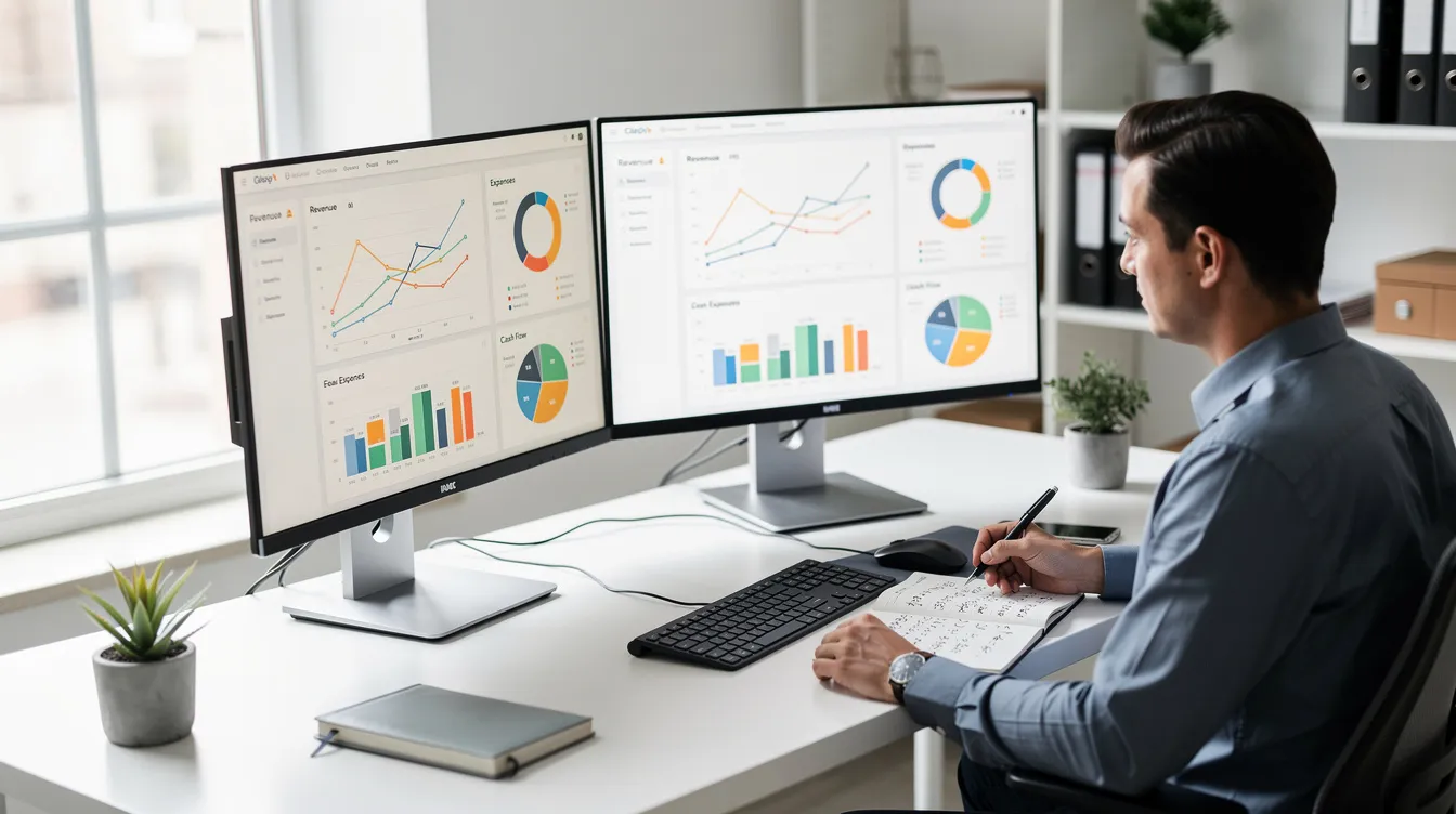 A modern accountant is seated at a clean desk equipped with dual monitors displaying vibrant financial dashboards and charts, showcasing key financial data and insights. This image highlights the role of accounting professionals in utilizing AI technology and accounting software to enhance data analysis, automate workflows, and improve client communication.