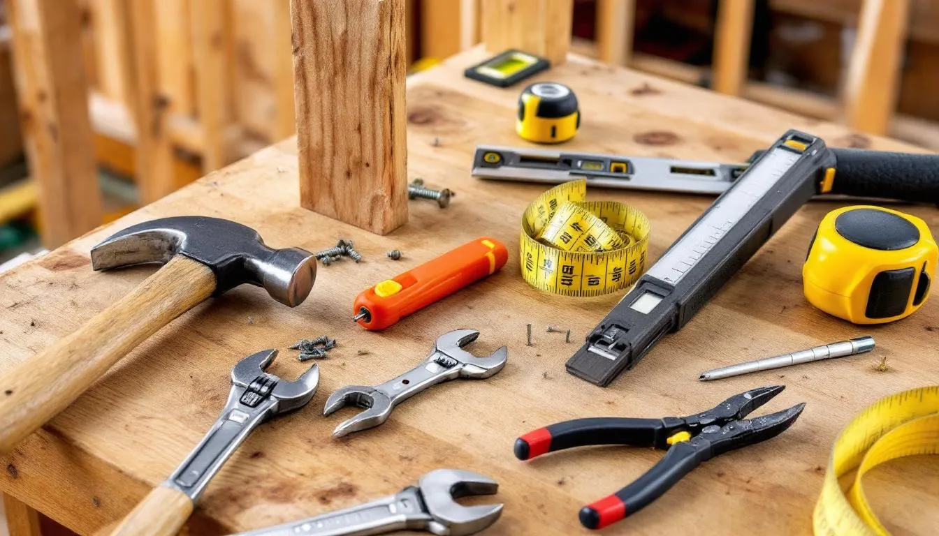 L'image montre une variété d'outils et d'équipements de construction, tels que des perceuses, des marteaux et des niveaux, disposés sur un chantier. Ces outils sont essentiels pour le travail de construction, garantissant la sécurité et l'efficacité des professionnels dans le milieu du bâtiment.