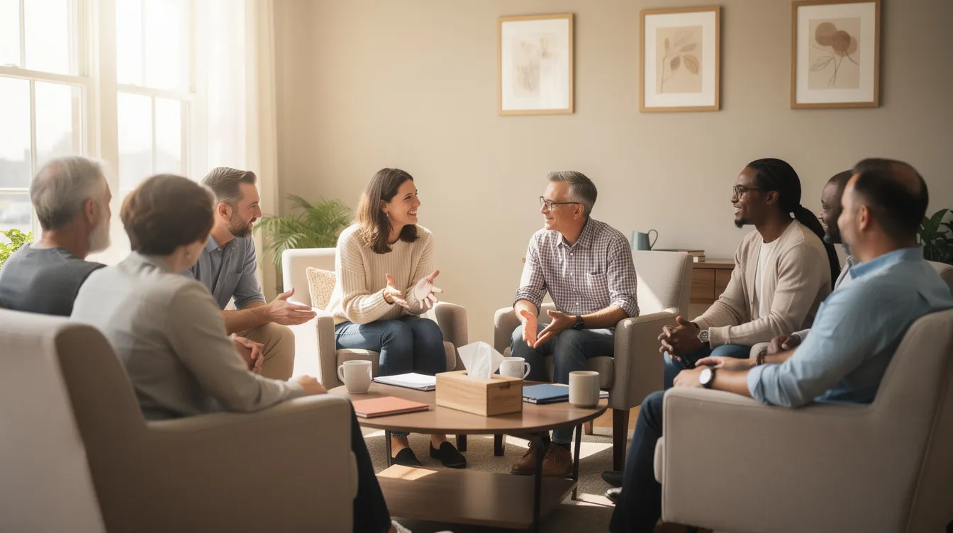 A diverse group of adults sits in a welcoming circle of chairs in a bright community room, engaging in a supportive conversation about their experiences with mental health challenges. This peer-led support group fosters empathy and understanding, allowing participants to share their stories and develop supportive relationships in a safe environment.