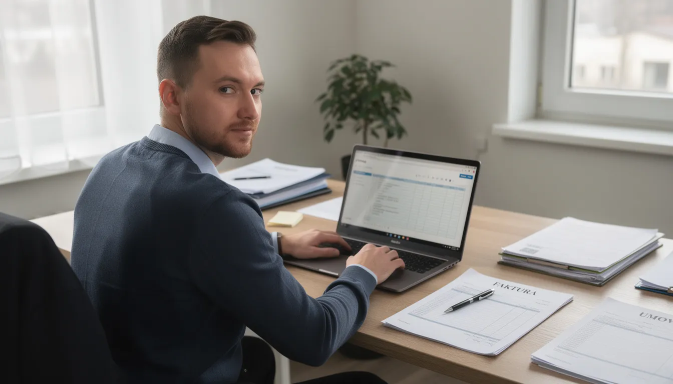 Właściciel małej firmy pracuje przy biurku, otoczony dokumentami i laptopem, skupiony na bieżącej działalności oraz zarządzaniu płynnością finansową. W tle znajdują się akta dotyczące faktur, co sugeruje, że rozważa wykorzystanie usług faktoringu dla małych przedsiębiorstw, aby zminimalizować zatory płatnicze i poprawić konkurencyjność swojego biznesu.