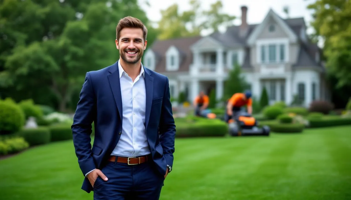 A confident landscaping business owner stands in the foreground, overseeing a work crew busy with new landscaping equipment, creating a pristine lawn in front of an upscale house in a beautiful neighborhood. This scene highlights the successful management of a landscaping company, showcasing the necessary equipment and the potential for revenue growth through effective landscaping solutions.