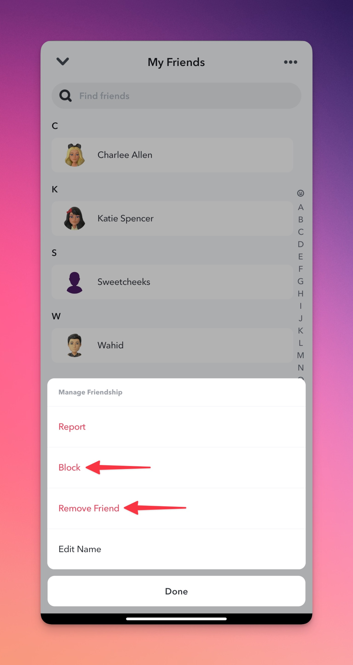 Remote.tools pointing to Block and Remove Friend on a Snapchat profile to hide snap score from them