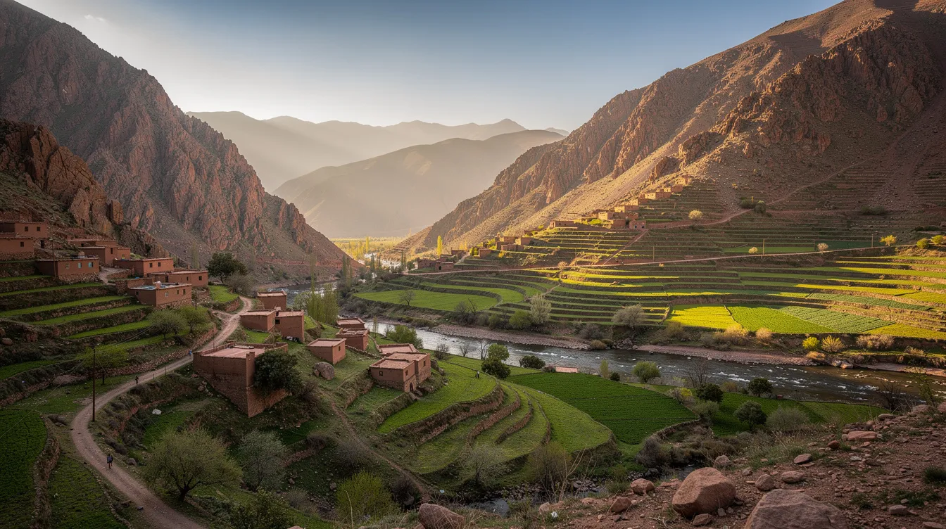 A lush green valley in the Atlas Mountains of Morocco features terraced fields and small Berber villages nestled on the hillsides, showcasing the vibrant local culture and stunning natural beauty. This picturesque landscape offers a glimpse into the unique experiences and local customs that many travelers seek when exploring Morocco.