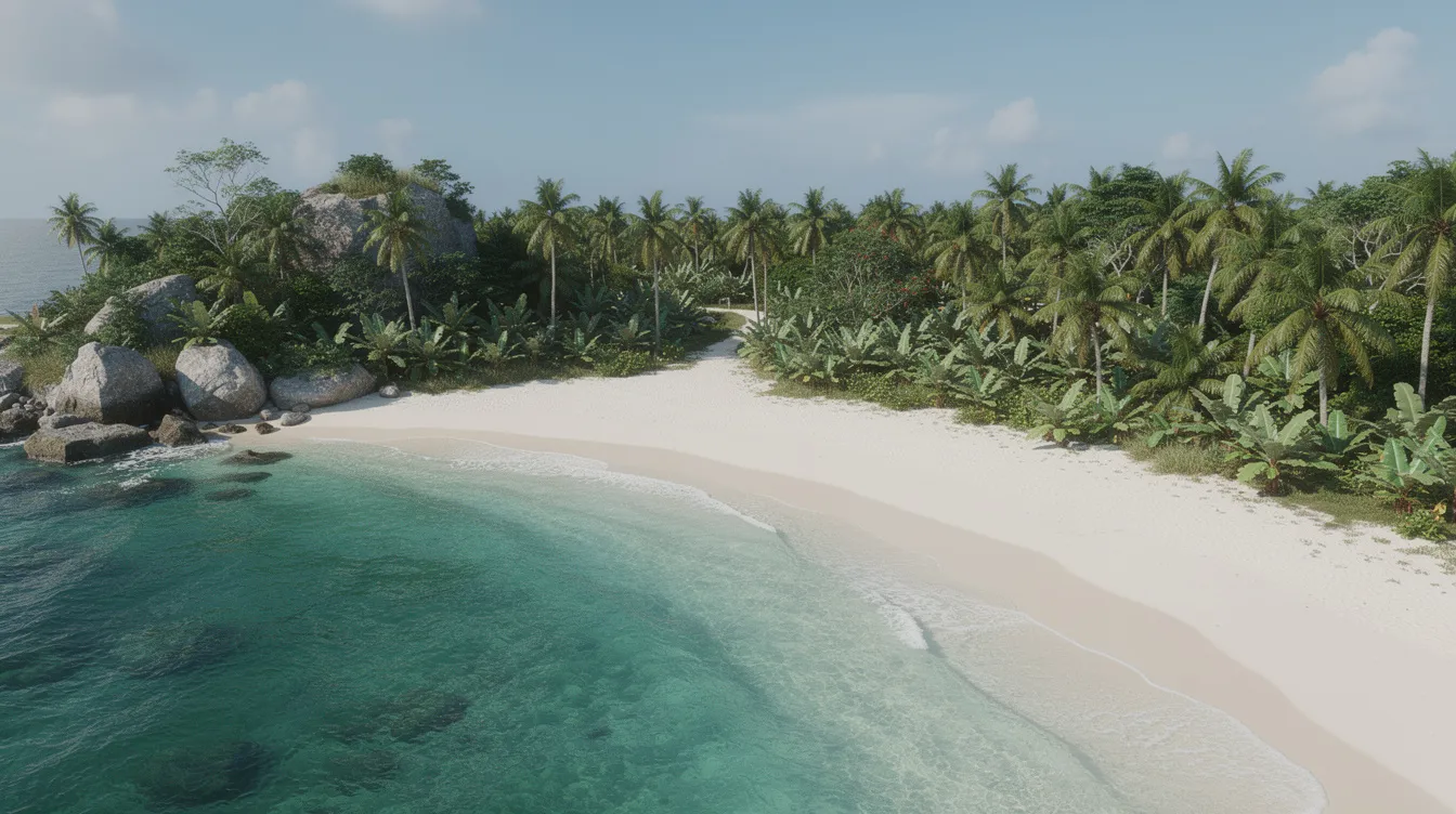 Uma enseada com areia branca é cercada por vegetação tropical exuberante, enquanto o mar cristalino exibe tons de azul turquesa e verde, característicos do paraíso caribenho de Curaçao. Este cenário idílico é um convite para relaxar e explorar as belezas naturais da ilha.