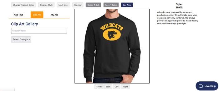 Gold wildcats design on a black unisex custom crew neck sweatshirt