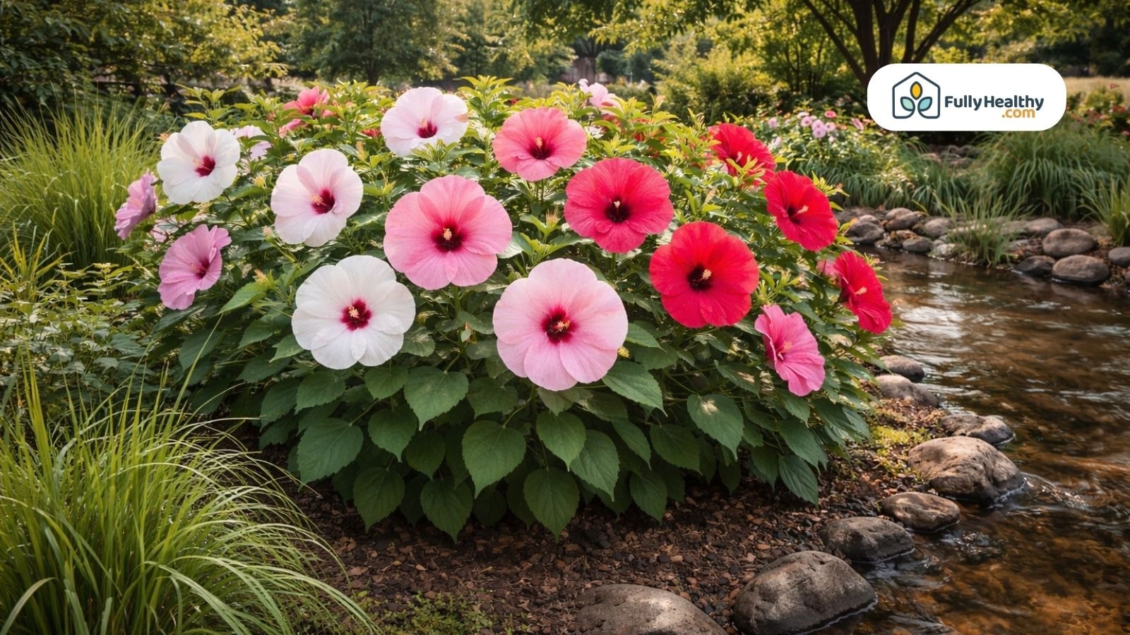 Pink, red, and white hibiscus bloom by a rocky stream