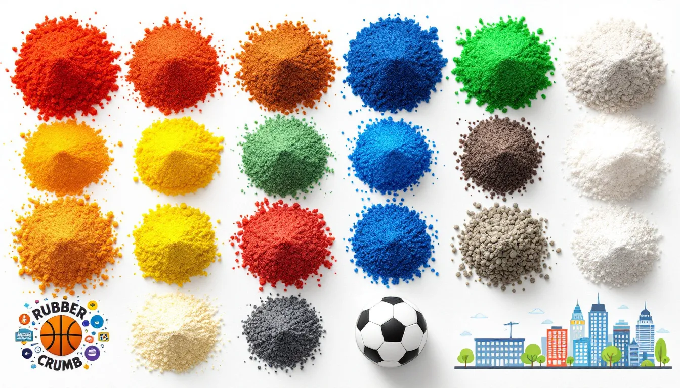 A variety of rubber crumb colors and sizes displayed in a sample board.