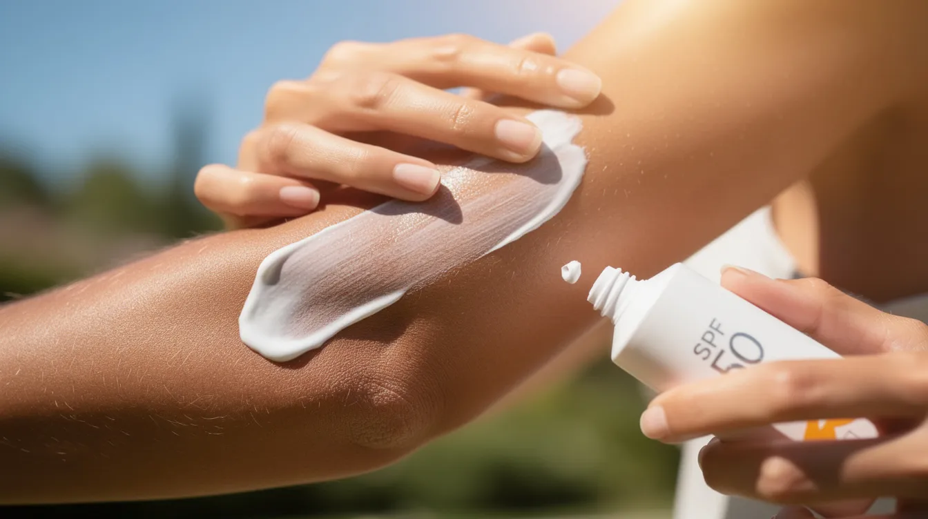 A close-up image shows a person applying sunscreen to their arm while outdoors on a sunny day, highlighting the skin's texture and potential signs of loose skin after weight loss. The focus on skin health emphasizes the importance of protecting skin elasticity and maintaining a youthful appearance under the sun.