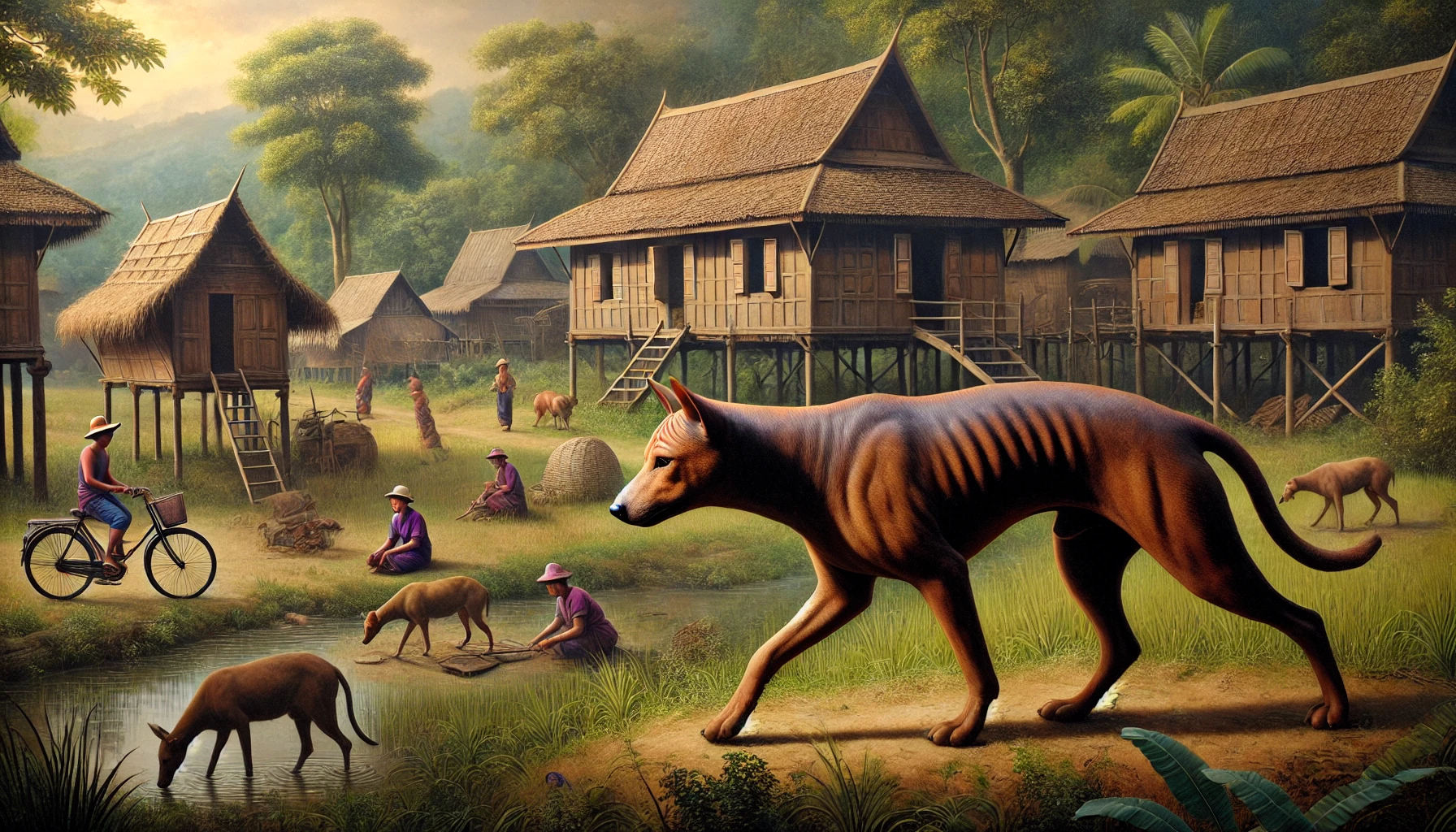 An historical image of the Thai Ridgeback in a traditional Thailand setting