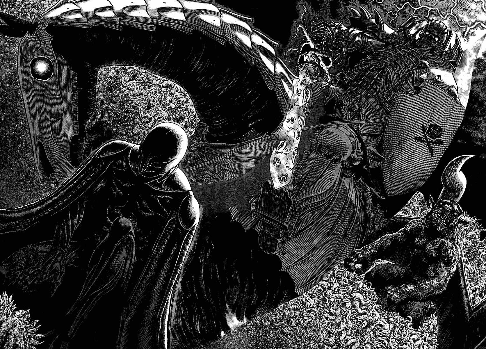 Skull Night appearing out of nowhere behind Femto and going in to slice him with his Behelit sword from Berserk