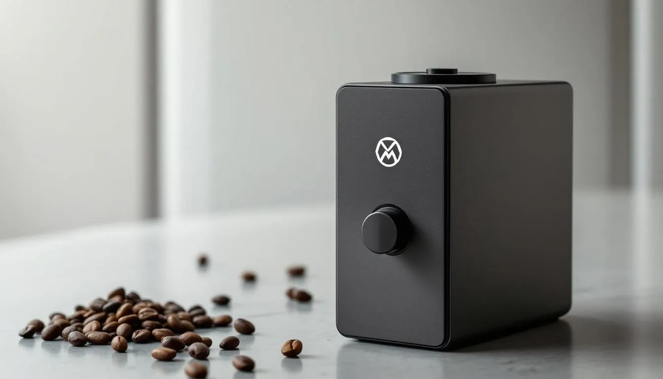 A branded custom grinder with a logo partially obscured.