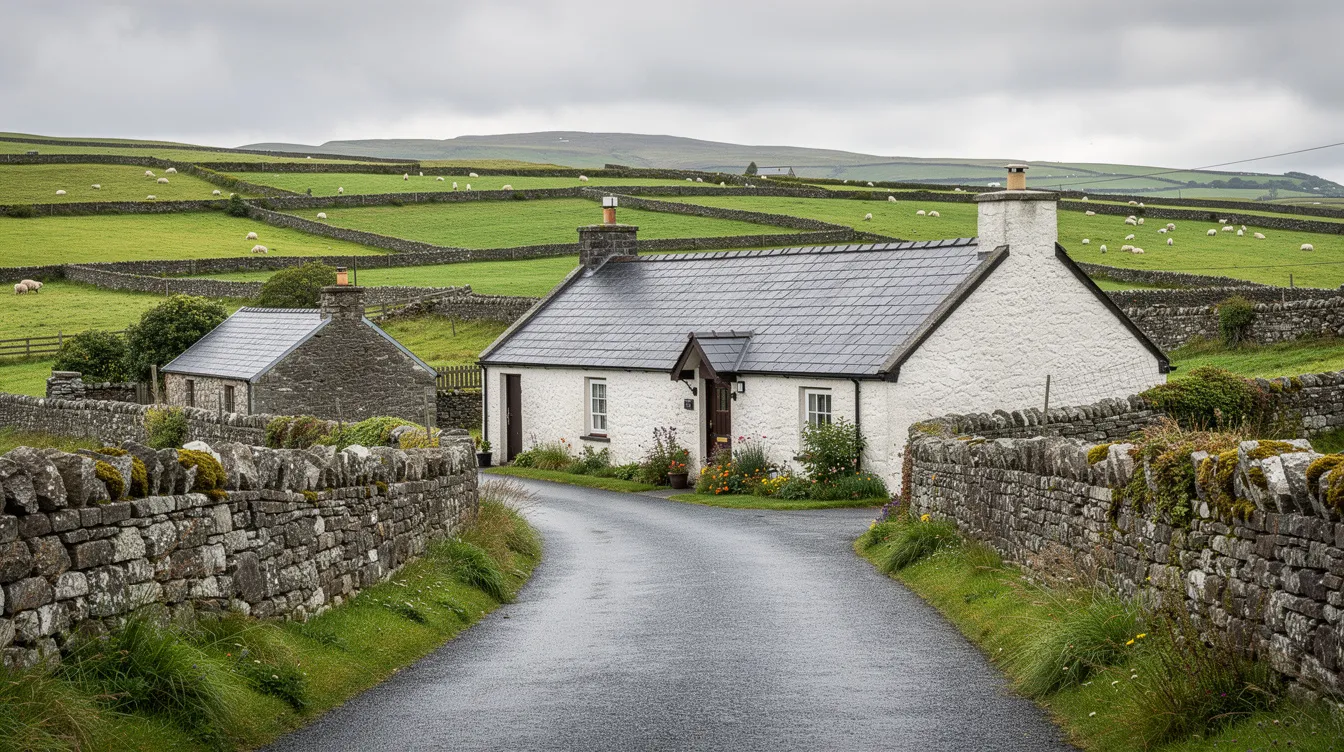 A picturesque small stone-walled village in the Irish countryside features traditional houses lining a quiet country road, embodying the charm of Northern Ireland. The scene reflects the serene atmosphere of rural life, with lush greenery surrounding the village, emphasizing its connection to the rich cultural heritage of the region.
