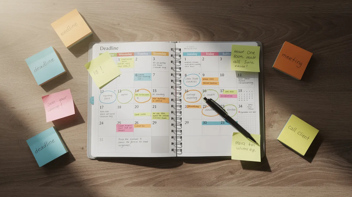 The image features a calendar planner on a wooden desk, with important deadline dates highlighted and colorful sticky notes attached, suggesting a focus on managing business activities and deadlines, which is essential for small business owners in Phoenix to stay compliant with tax obligations. This organized setup reflects the careful planning necessary for navigating business taxes and maintaining proper documentation.
