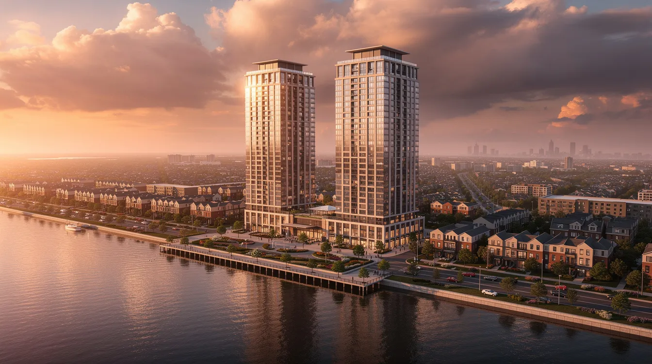 An aerial view captures two tall condominium towers, known as Palace Pier, standing majestically along the waterfront of Lake Ontario at sunset. The scene showcases the elegance of the condos against the vibrant colors of the sky, with the serene waters reflecting the beauty of the moment.