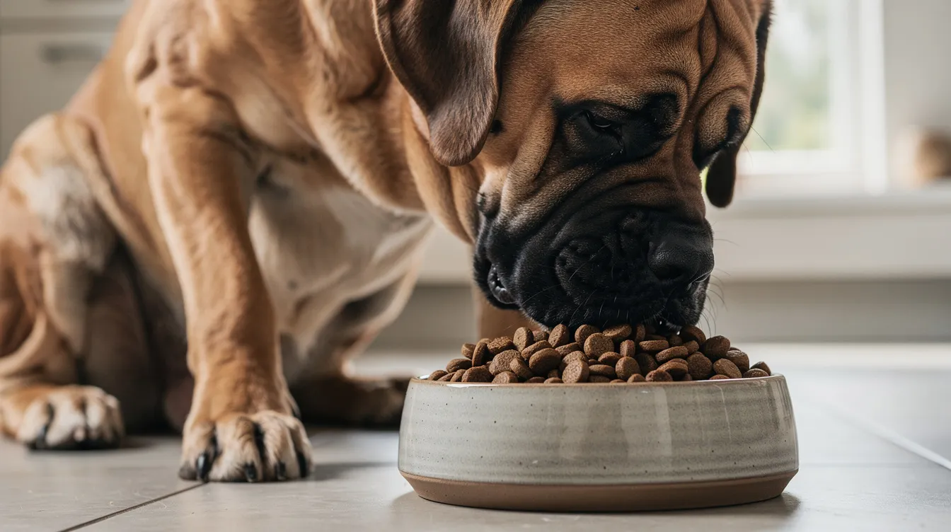 A large Broholmer dog, known for its calm and friendly demeanor, is happily eating high-quality kibble from a stainless steel dog bowl. This purebred dog breed, with its broad chest and floppy ears, showcases the impressive size and gentle nature characteristic of the Danish Broholmer.