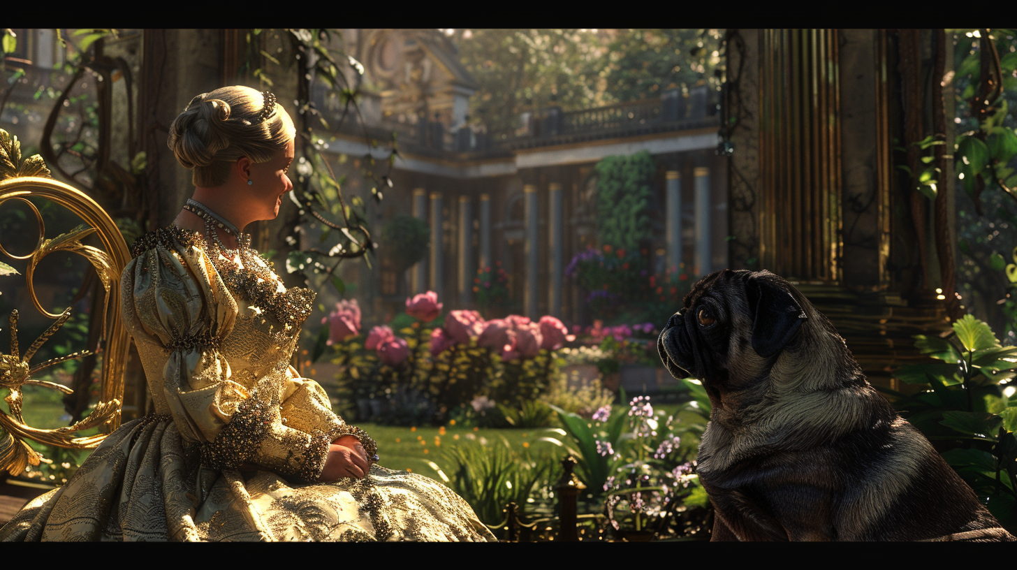 A pug in a royal 19th century English setting