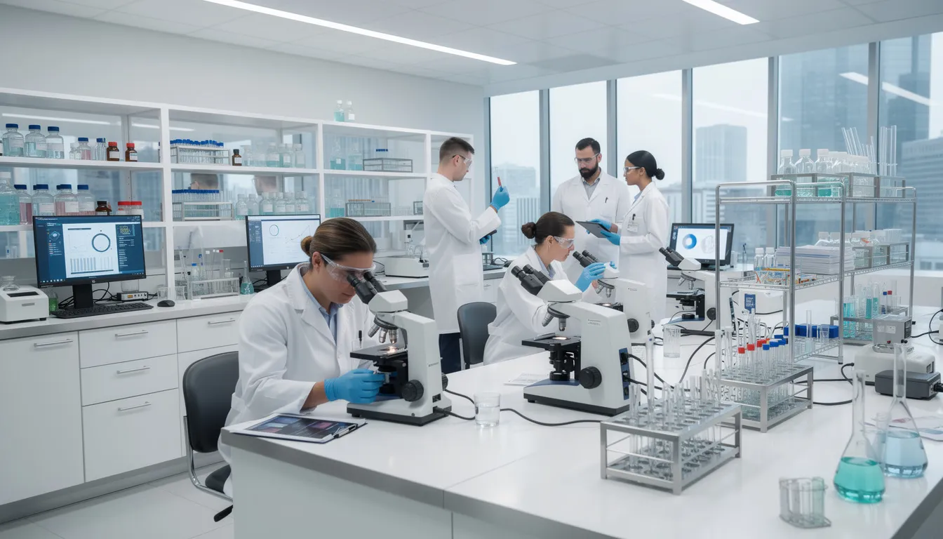 The image depicts a modern laboratory filled with various scientific equipment, where researchers are actively examining samples, likely related to studies on metabolic health and the effects of vitamins like niacin and nicotinamide mononucleotide (NMN) on cellular energy and cardiovascular health. The environment suggests a focus on advancing knowledge in areas such as DNA repair and healthy aging.