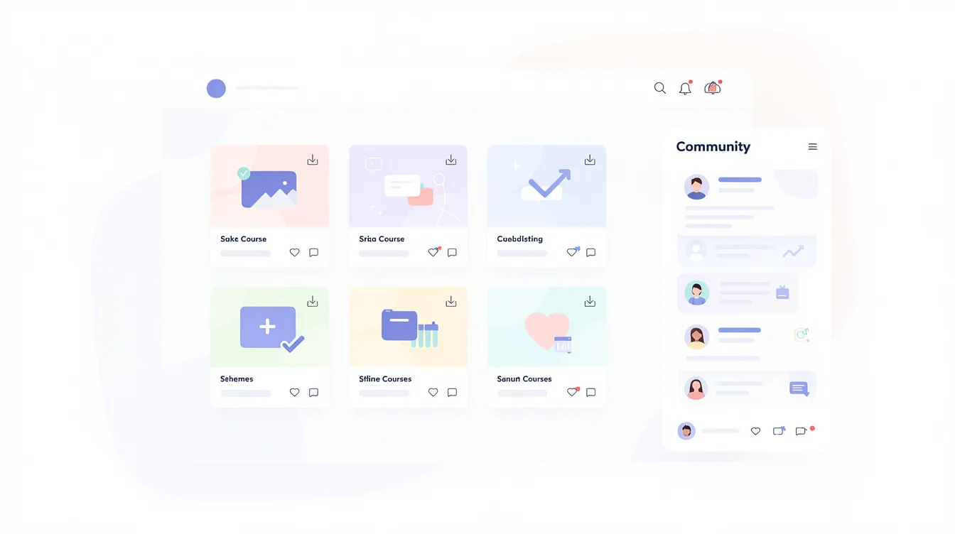 The image depicts an abstract flat illustration of a digital storefront featuring neatly arranged course cards, download icons, and a simple community feed, representing an all-in-one platform for online courses and digital downloads. This visual emphasizes the ease of use and professional website capabilities offered by platforms like Podia, ideal for selling courses and digital products.