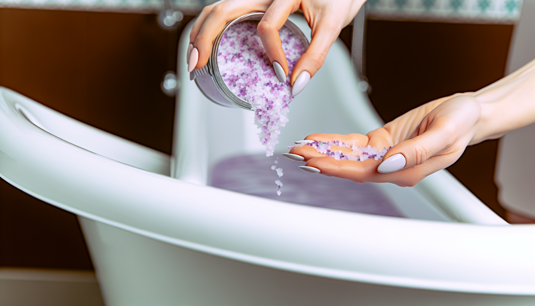 Close-up of a woman's hand pouring bath salts into a bathtub