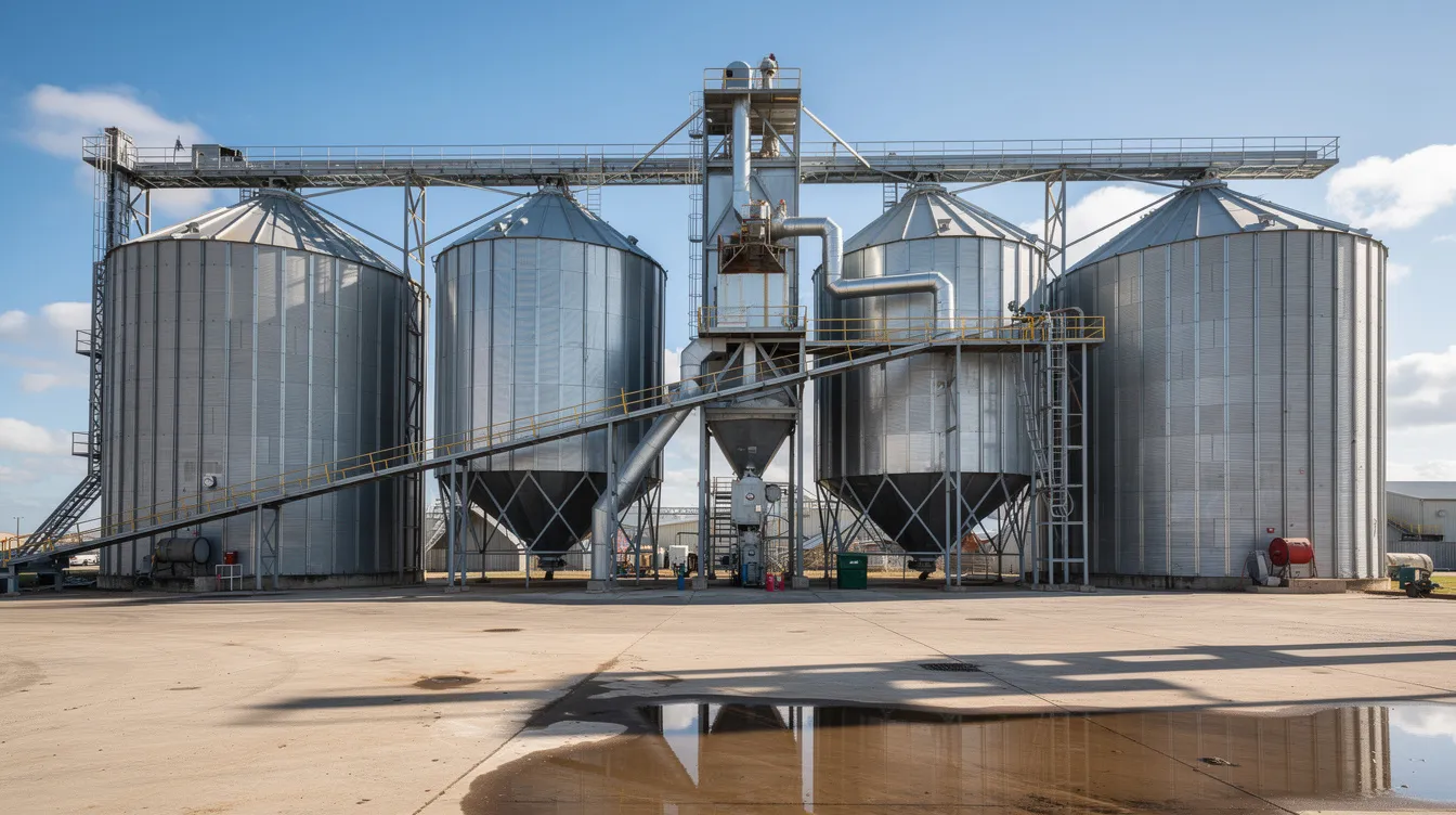 84a3c235 494b 4580 b431 5ef0deea4d7f The image depicts an industrial grain processing facility featuring large metal silos and extensive conveyor systems under bright daylight. This facility is likely involved in the poha manufacturing process, where raw rice is transformed into flattened rice, also known as rice flakes, for various food products and snacks.