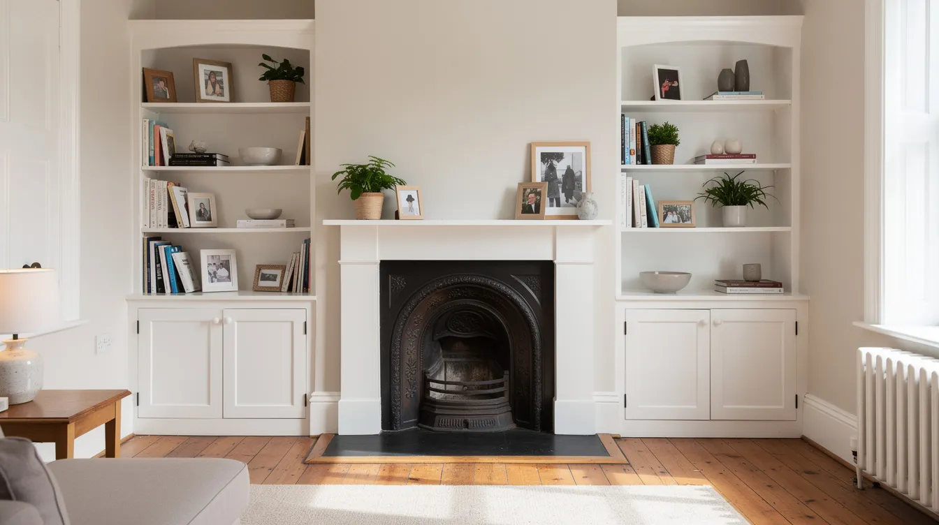 The image features built-in alcove shelving painted white, flanking a Victorian fireplace in a compact and cosy living room. This small space is enhanced by clever storage solutions and a light colour palette, creating an airy atmosphere filled with natural light.