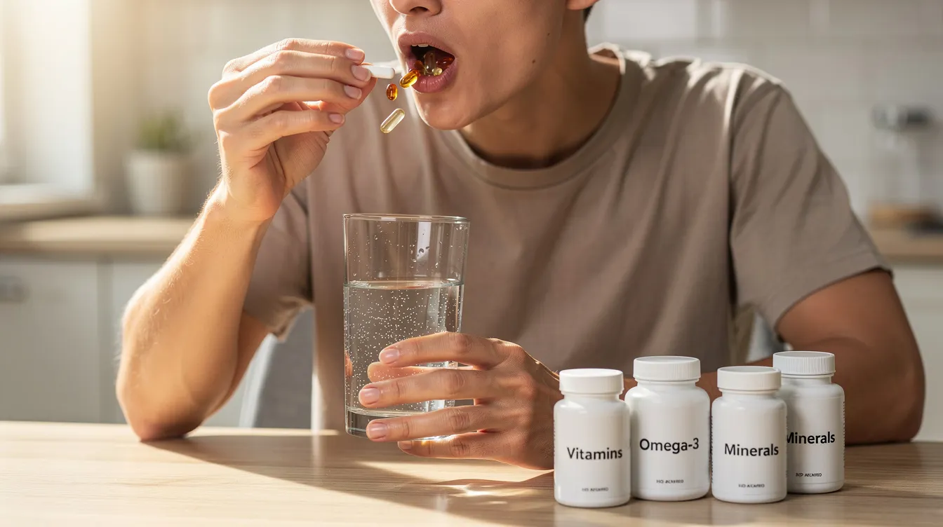 The image shows a person holding several supplement capsules in one hand while preparing to take them with a glass of water in the other hand. This scene highlights the importance of oral NAD supplements for enhancing energy levels and promoting overall cellular health.