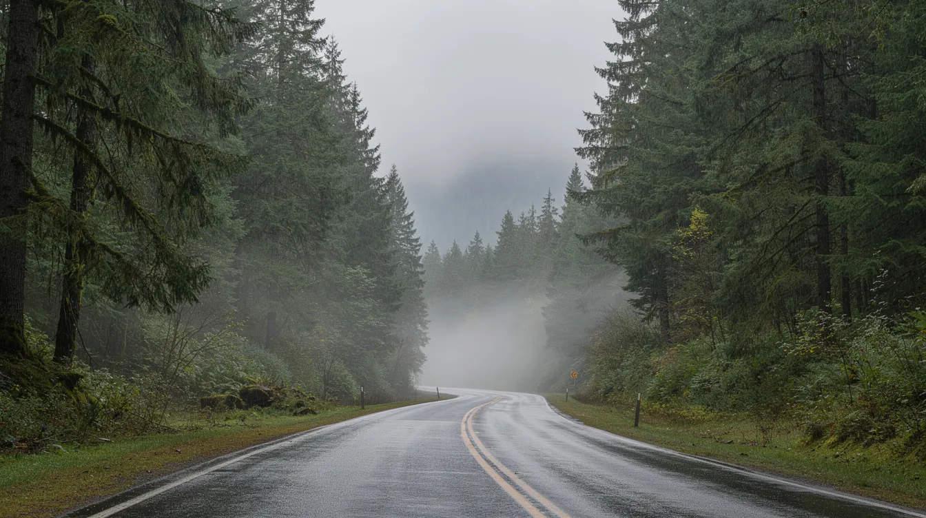 The image captures a scenic highway winding through a lush evergreen forest typical of the Pacific Northwest, with tall trees lining both sides of the road. This picturesque route is ideal for those considering vehicle transportation services, such as auto transport and car shipping, in areas like Tacoma, WA.
