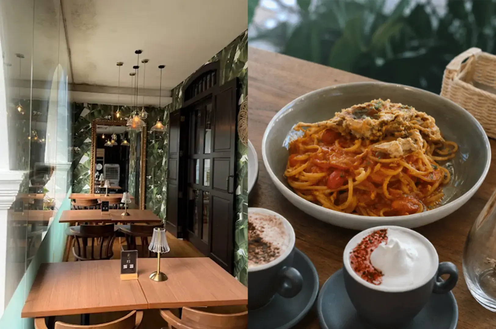 Wildseed Cafe at The Alkaff Mansion modern interior with dark wood tables, chairs, and doors, and a serving of their Soft Shell Chilli Crab Linguine.