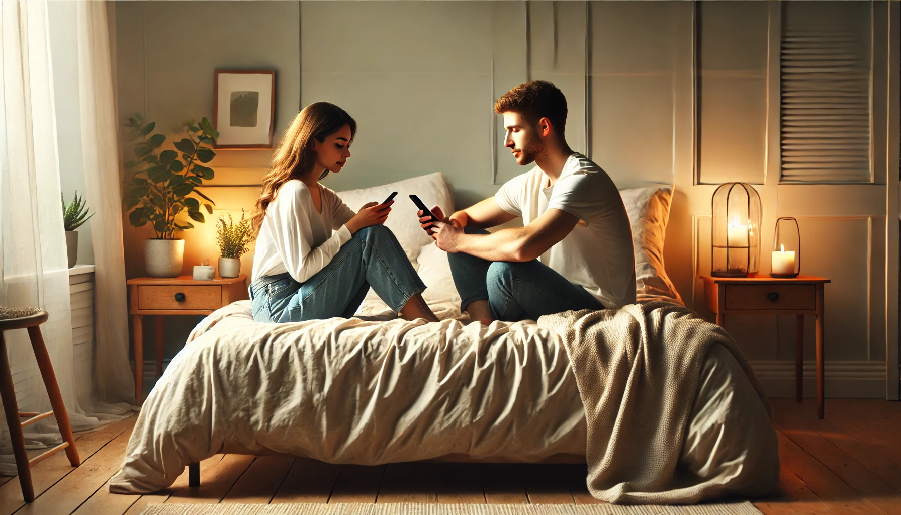 A couple using their phones in bed