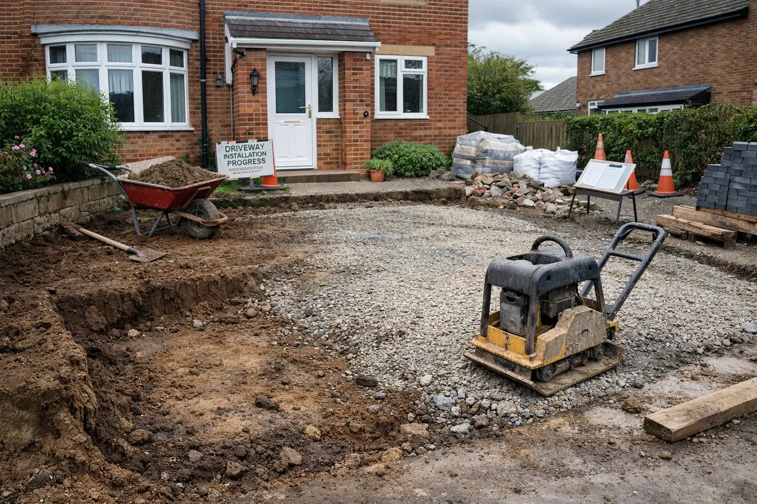 Driveway groundwork in progress in a UK front garden