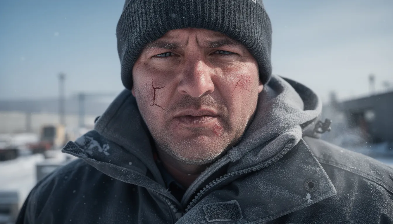 A close-up image shows a man working outdoors in harsh winter conditions, with a wind-chapped face indicating dry and cracked lips. To protect his delicate lips from the cold, he likely uses a nourishing lip balm infused with natural ingredients like peppermint essential oil and grass-fed beef tallow for long-lasting hydration.