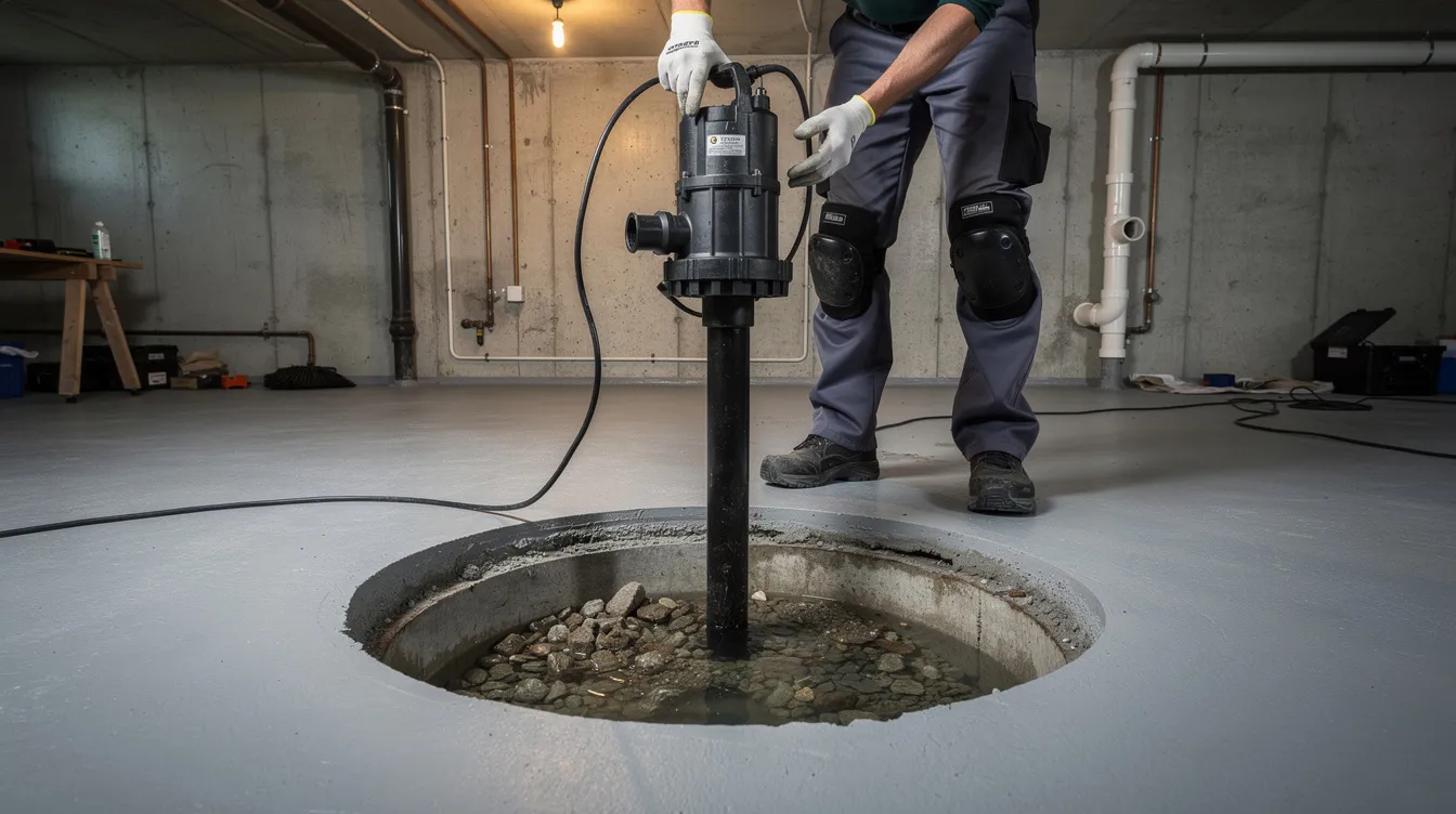 A plumber is shown lowering a submersible sump pump into a round sump pit located in a concrete basement floor, ready to manage standing water and prevent flooding. The image captures the essential maintenance step to protect the home from water damage and ensure proper water level management.